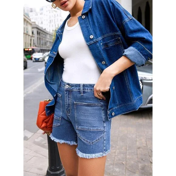 Womens Denim Shorts High Waisted Stretchy Raw Hem Pockets Casual Summer - Picture 6 of 6